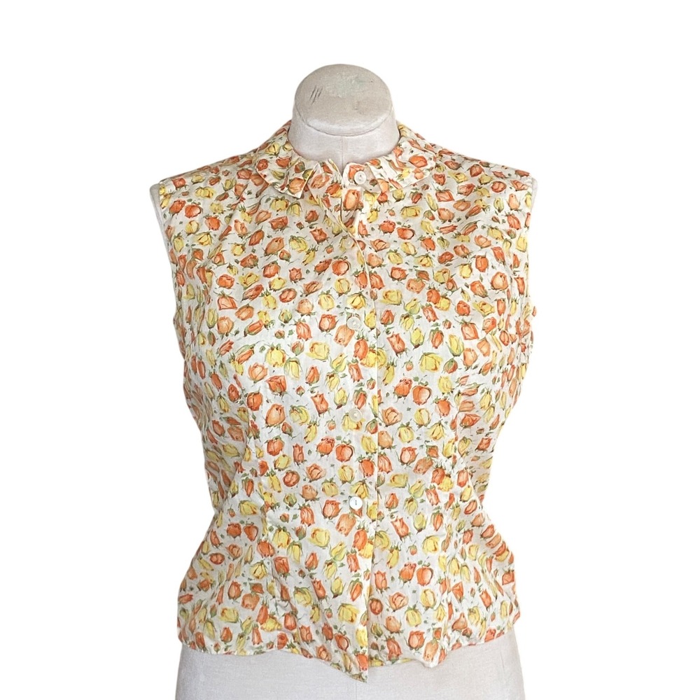50's McMullen shirt Vtg Sleeveless Button Down Orange Rose Bud Floral Sz L